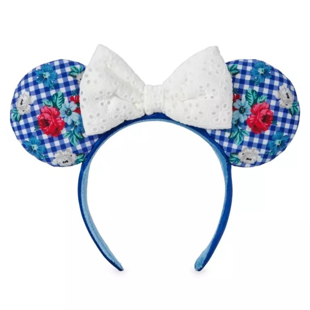 Disney Minnie Ear Headband - Cottage Floral Gingham With White Eyelet Bow 💙🤍